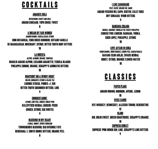 Menu at Amaro’s Table restaurant, Vancouver