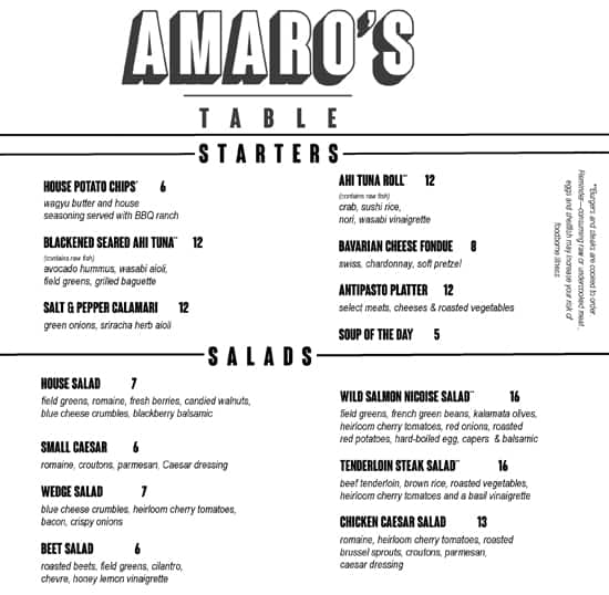 Menu at Amaro’s Table restaurant, Vancouver