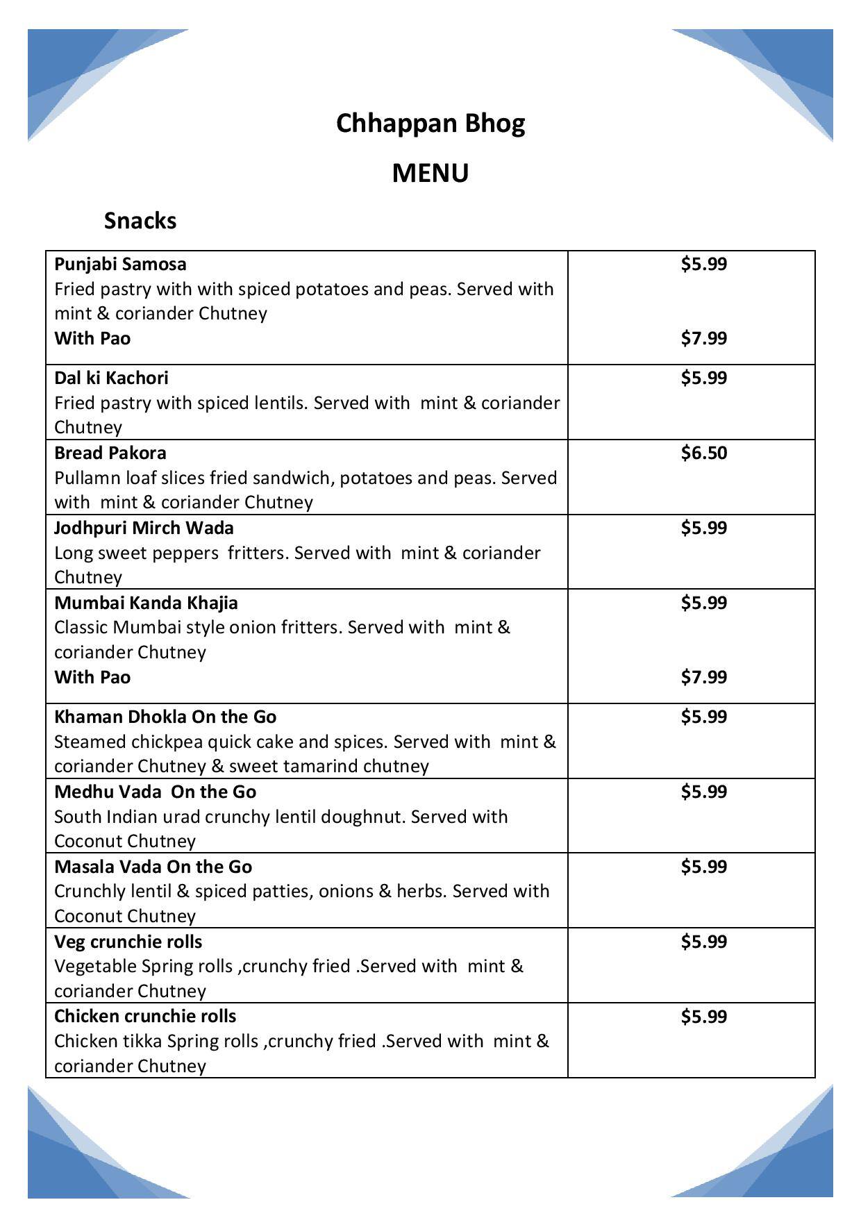 Menu at Chhappan Bhog Indian Street Food, Parramatta