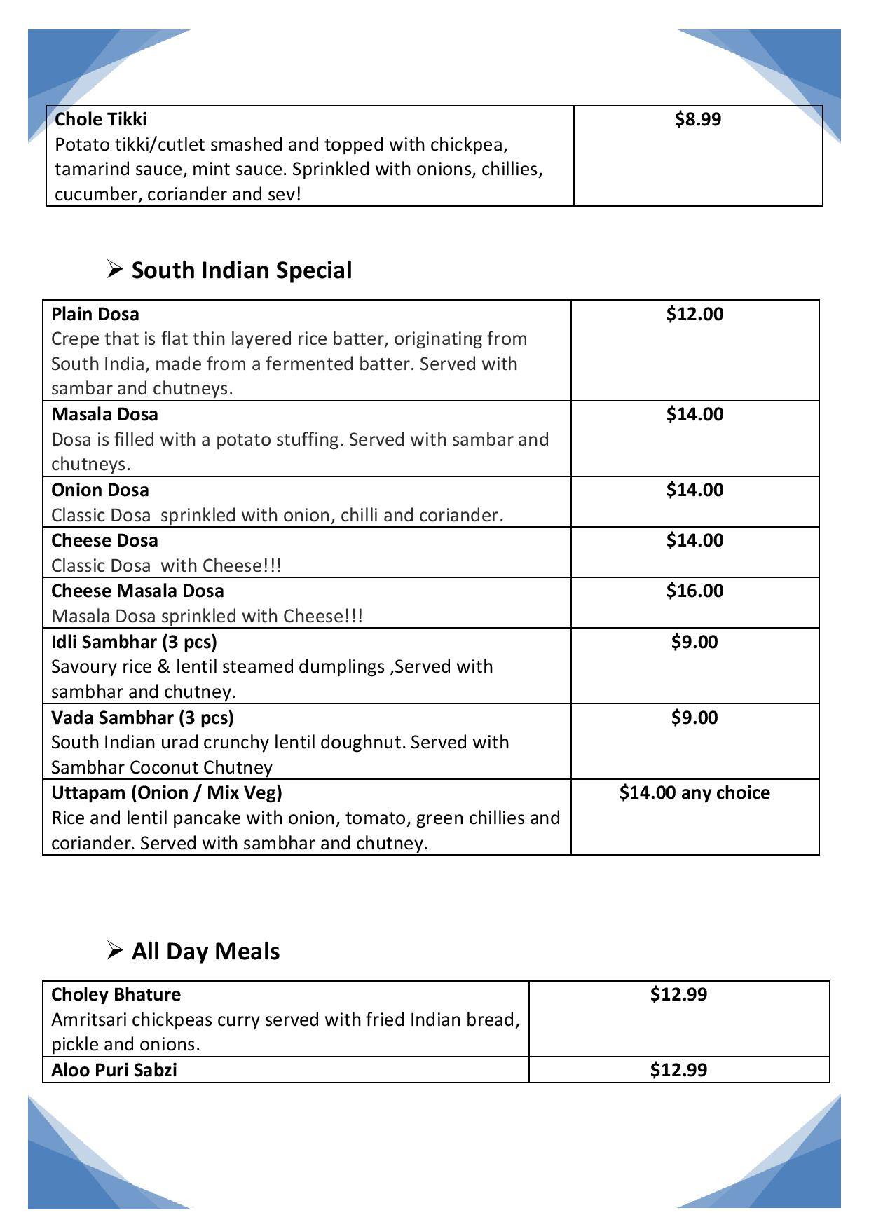 Menu at Chhappan Bhog Indian Street Food, Parramatta