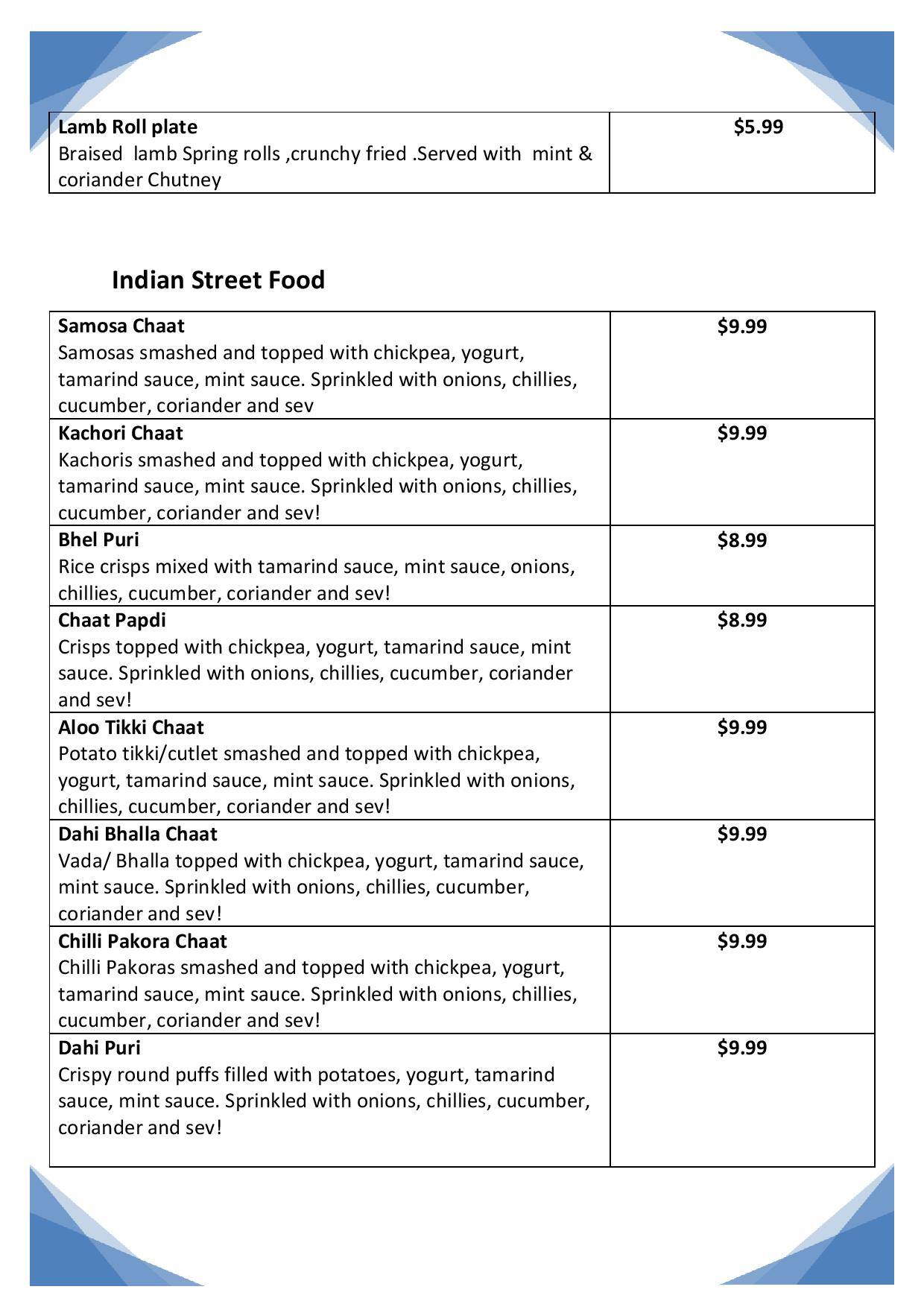 Menu at Chhappan Bhog Indian Street Food, Parramatta