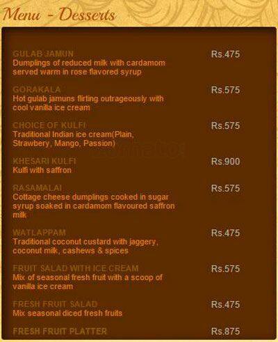 Agra Colombo menu