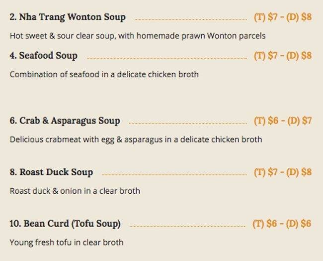 Menu at Nha Trang Restaurant, Frankston