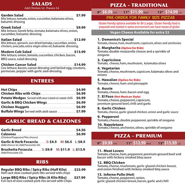 Domenico's Pizza and Pasta Restaurant Menu Urbanspoon/Zomato
