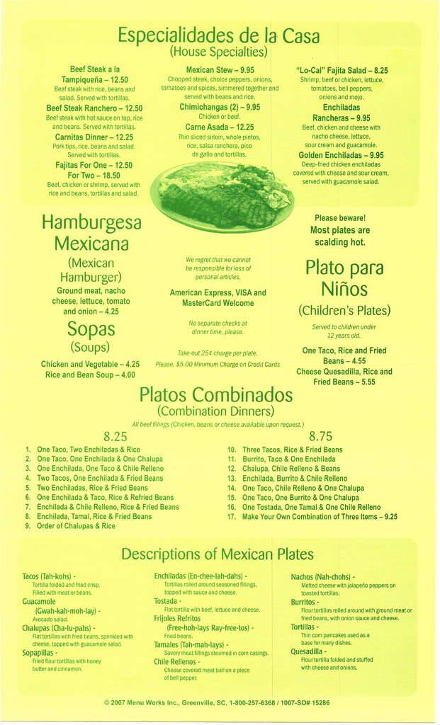 Menu at Jalisco Restaurant, Atlanta, Peachtree St NE
