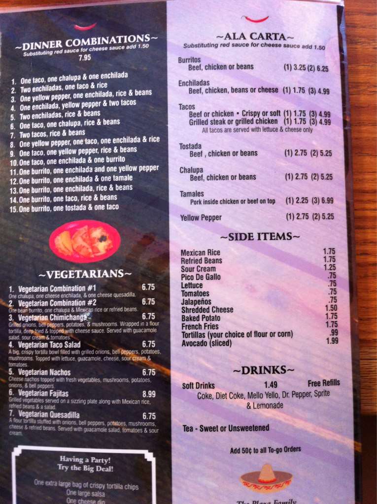 Menu at La Plaza Bonita restaurant, USA