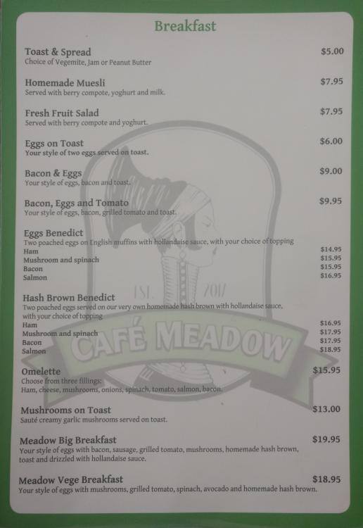 Cafe Meadow a Brisbane Foto del Menu con Prezzi Urbanspoon/Zomato