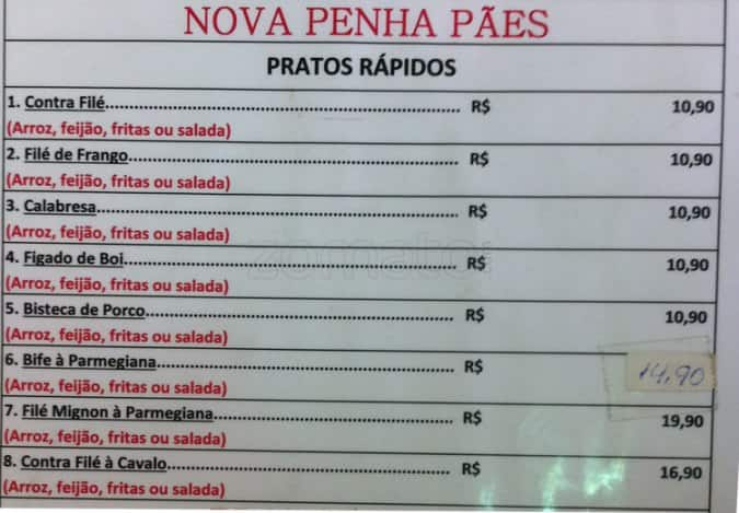 Nova Penha Pão cardápio