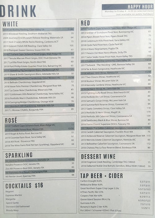 Menu at The Montague Hotel restaurant, South Melbourne, 355 Park St