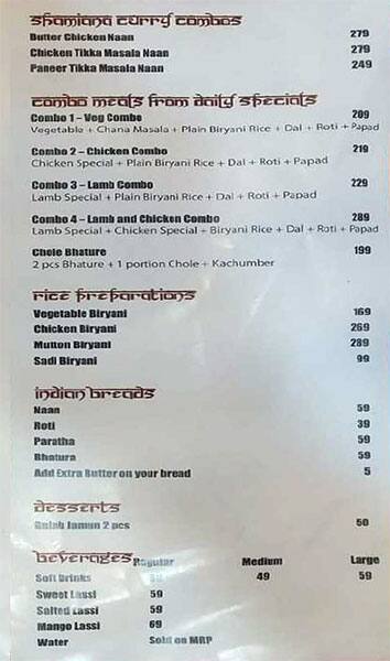 Shamiana menu