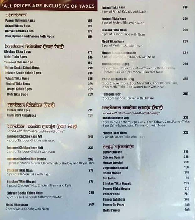 Shamiana menu