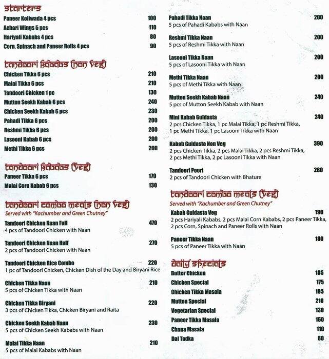 Shamiana menu