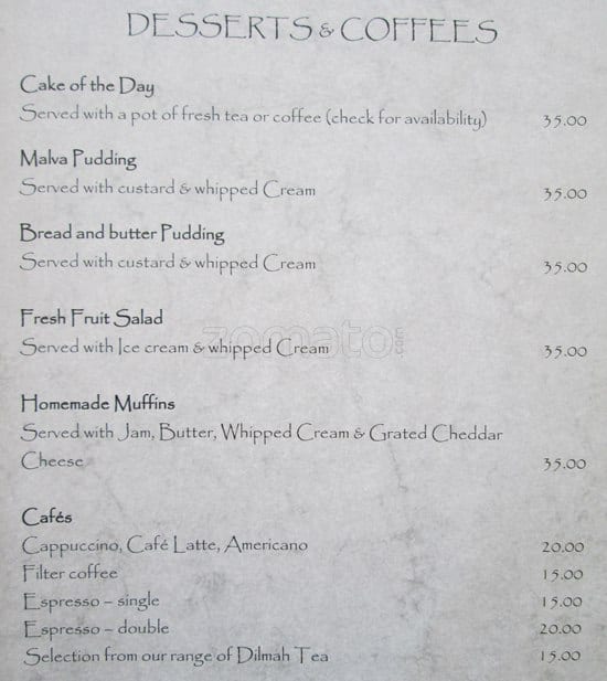 Speisekarte von Fountains Hotel restaurant, Kapstadt