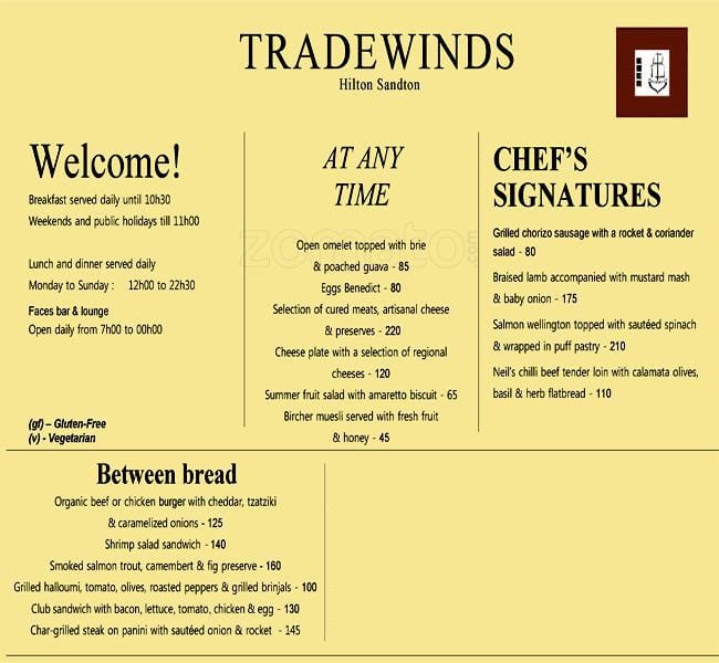 Tradewinds Restaurant Hilton Hotel Menu Zomato SA