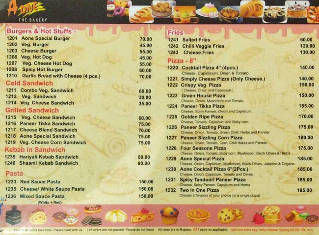 a one bakery menu menu for a one bakery aashiana lucknow zomato menu for a bakery