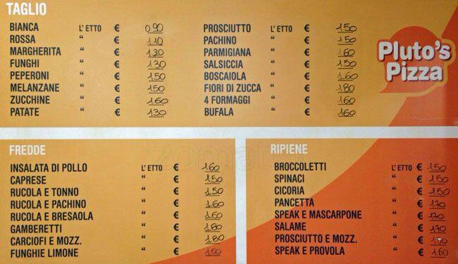 Menu di Pluto's Roma 