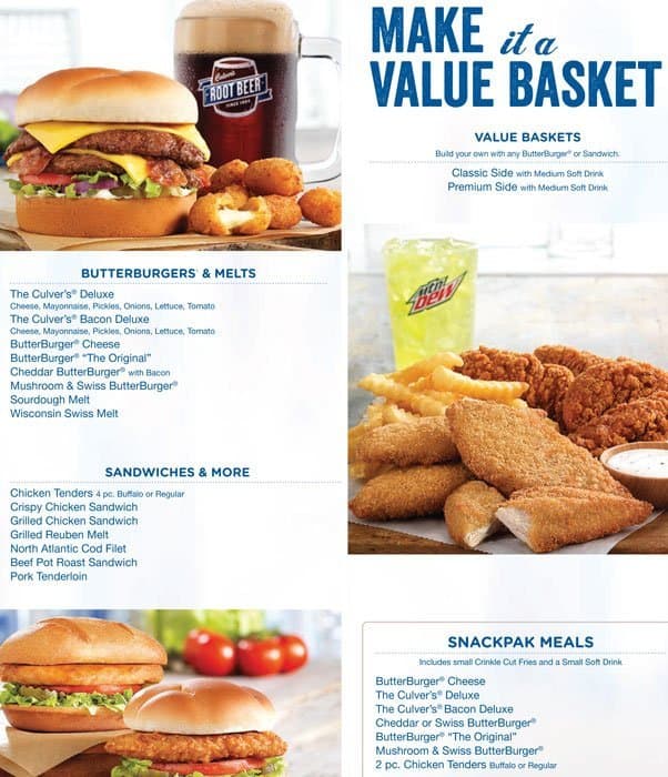 Menu at Culver's fast food, Romeoville