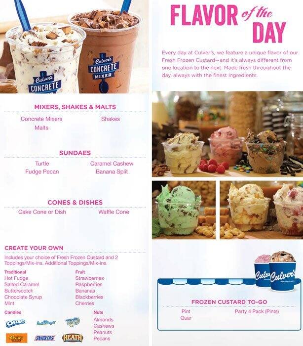 Menu at Culver's fast food, Romeoville