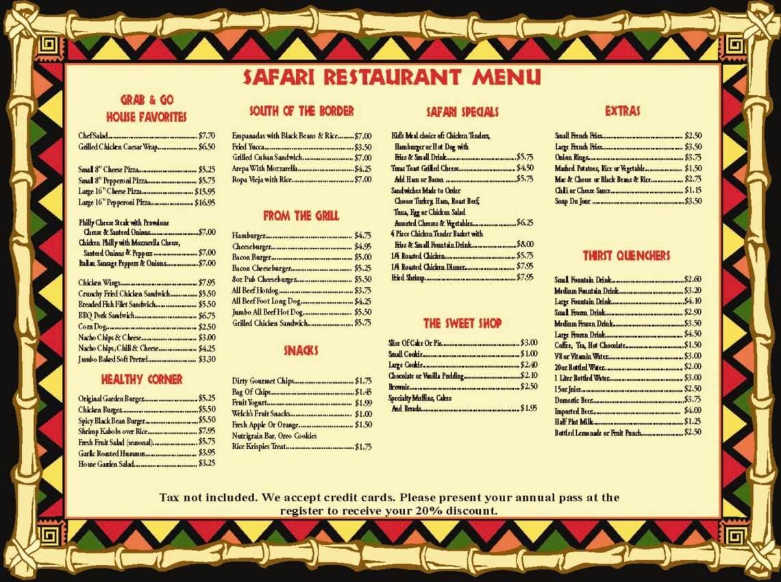 safari restaurant menu