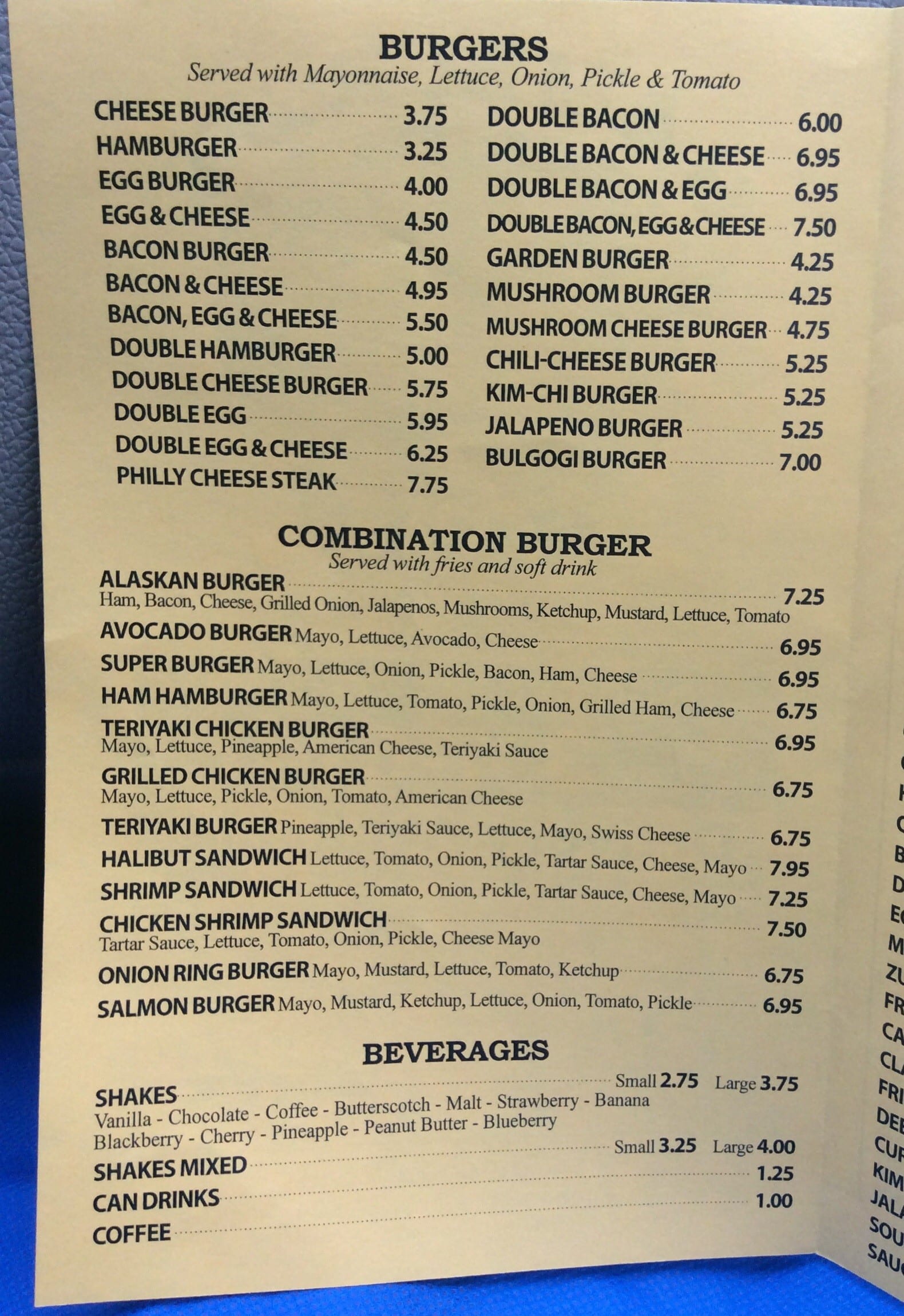 Menu at Hamburger Haven restaurant, Anchorage