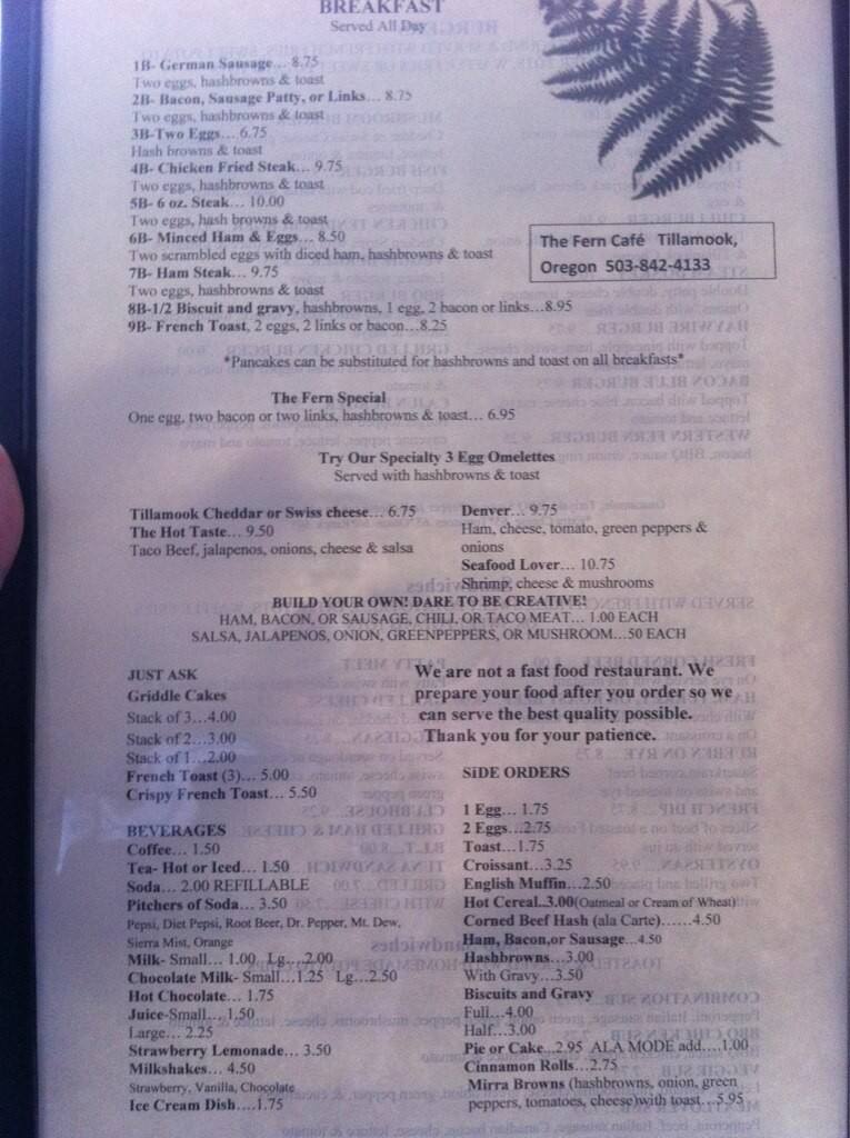 Menu at Fern Restaurant & Lounge, Tillamook