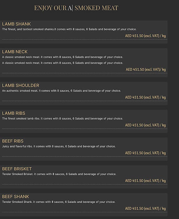 Menu of Moot Meat Smoking, Al Khawaneej, Dubai