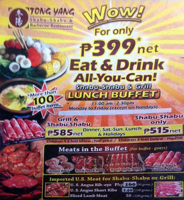 Tong Yang Menu, Menu v reštaurácii Tong Yang, Ortigas, Mandaluyong City