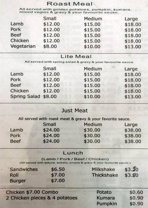 Pukekohe Roast Takeaway Menu, Menu untuk Pukekohe Roast Takeaway
