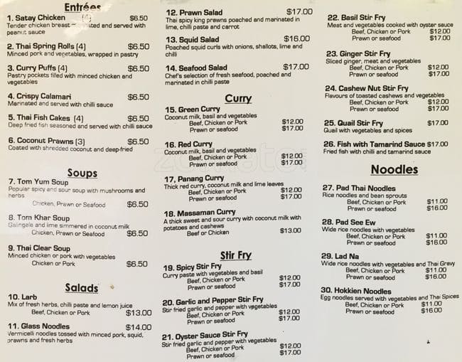 Thai Jindalee Menü, Thai Jindalee, Jindalee, Brisbane için Menü