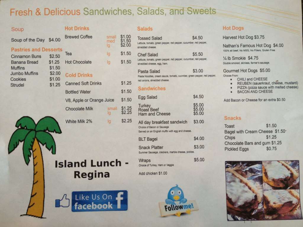 Island Lunch Menu, Menu untuk Island Lunch, Warehouse District, Regina