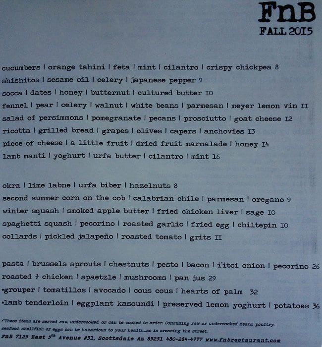 FnB Restaurant menu