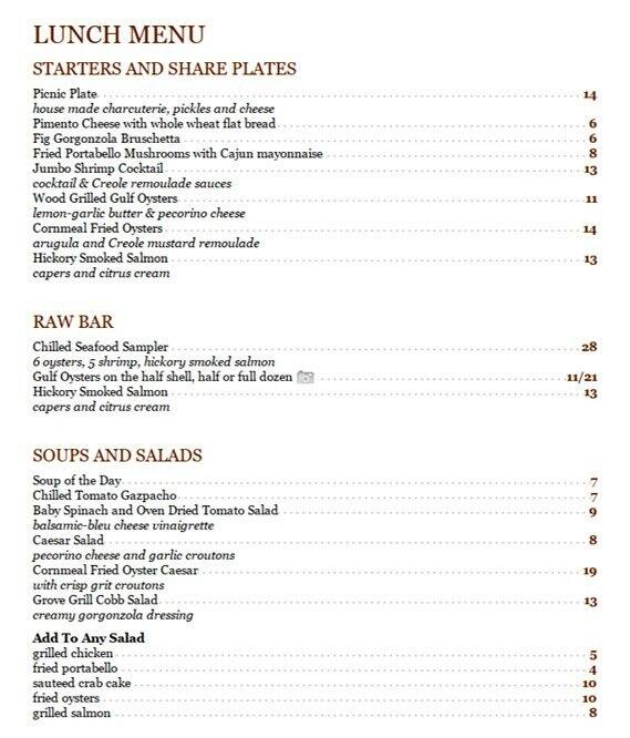 Grove Grill Menu, Menu untuk Grove Grill, East Memphis, Memphis