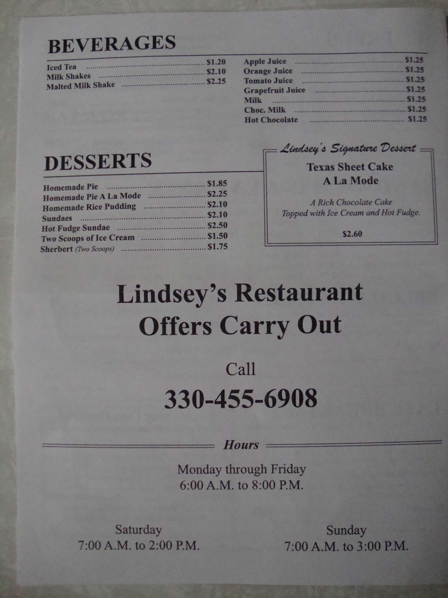 Menu at Lindsey's Restaurant, Canton, Tuscarawas St W
