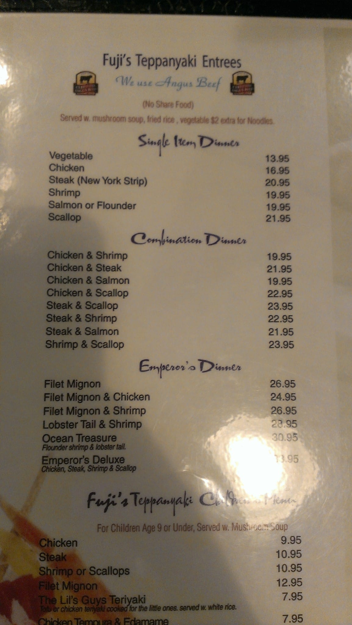 Menu at Fuji restaurant, Grand Forks