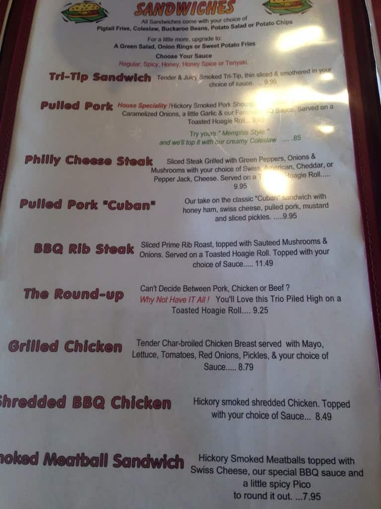 Menu at The Pig restaurant, Winnemucca
