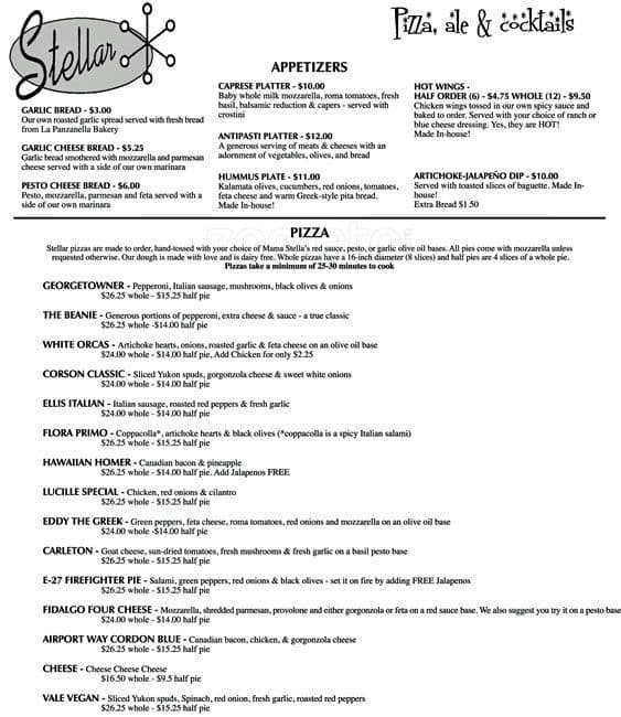 Stellar Pizza & Ale Menu, Menu for Stellar Pizza & Ale, Sodo, Seattle
