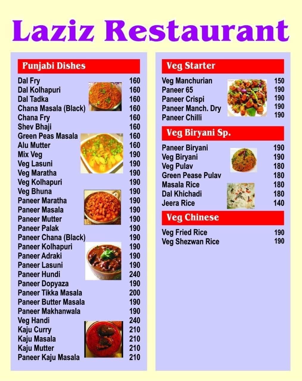 Menu Of Laziz Restaurant, Chinchwad, Pune