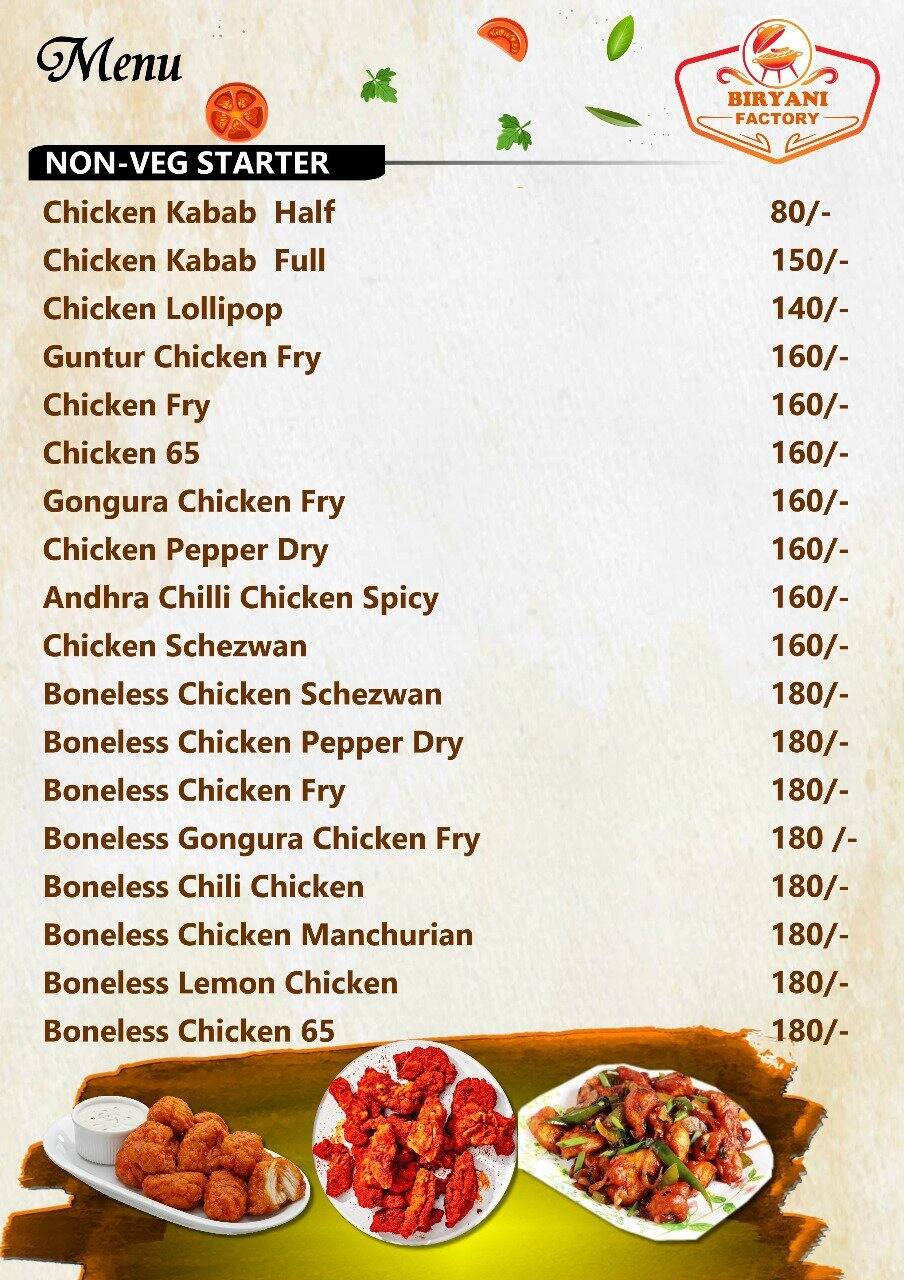 Menu at Biryani factory, Bengaluru, 3H5W+5G4