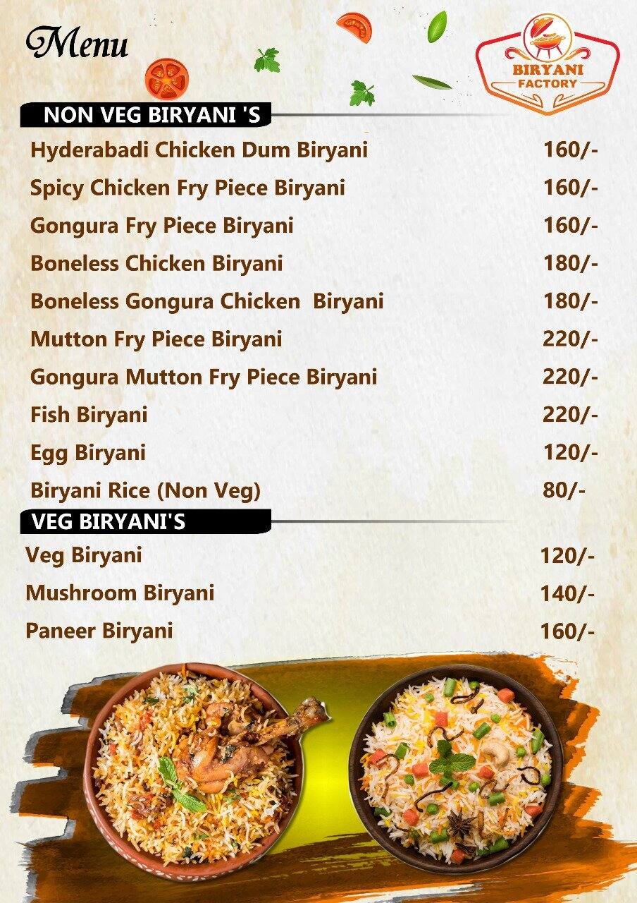 Menu at Biryani factory, Bengaluru, 3H5W+5G4