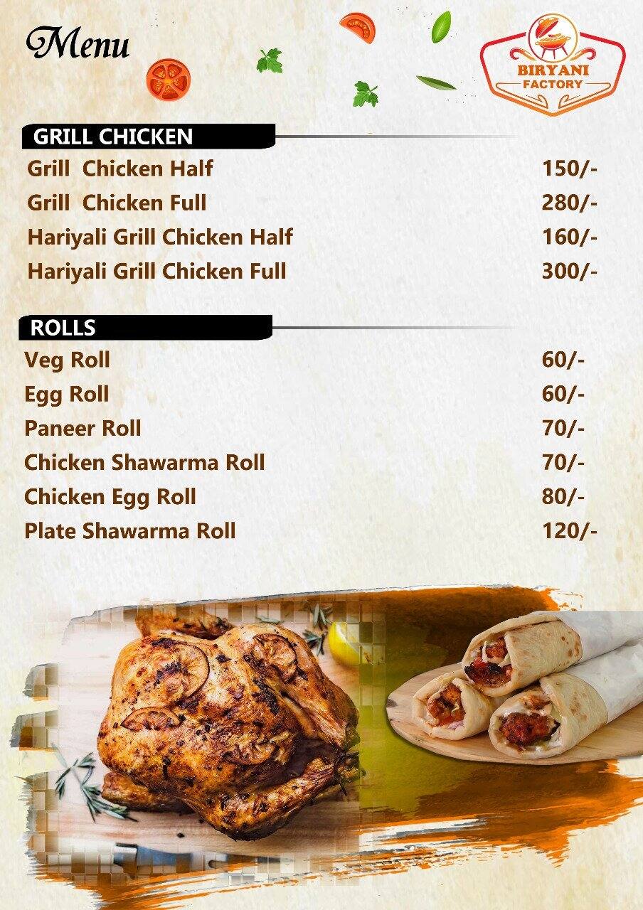 Menu at Biryani factory, Bengaluru, 3H5W+5G4