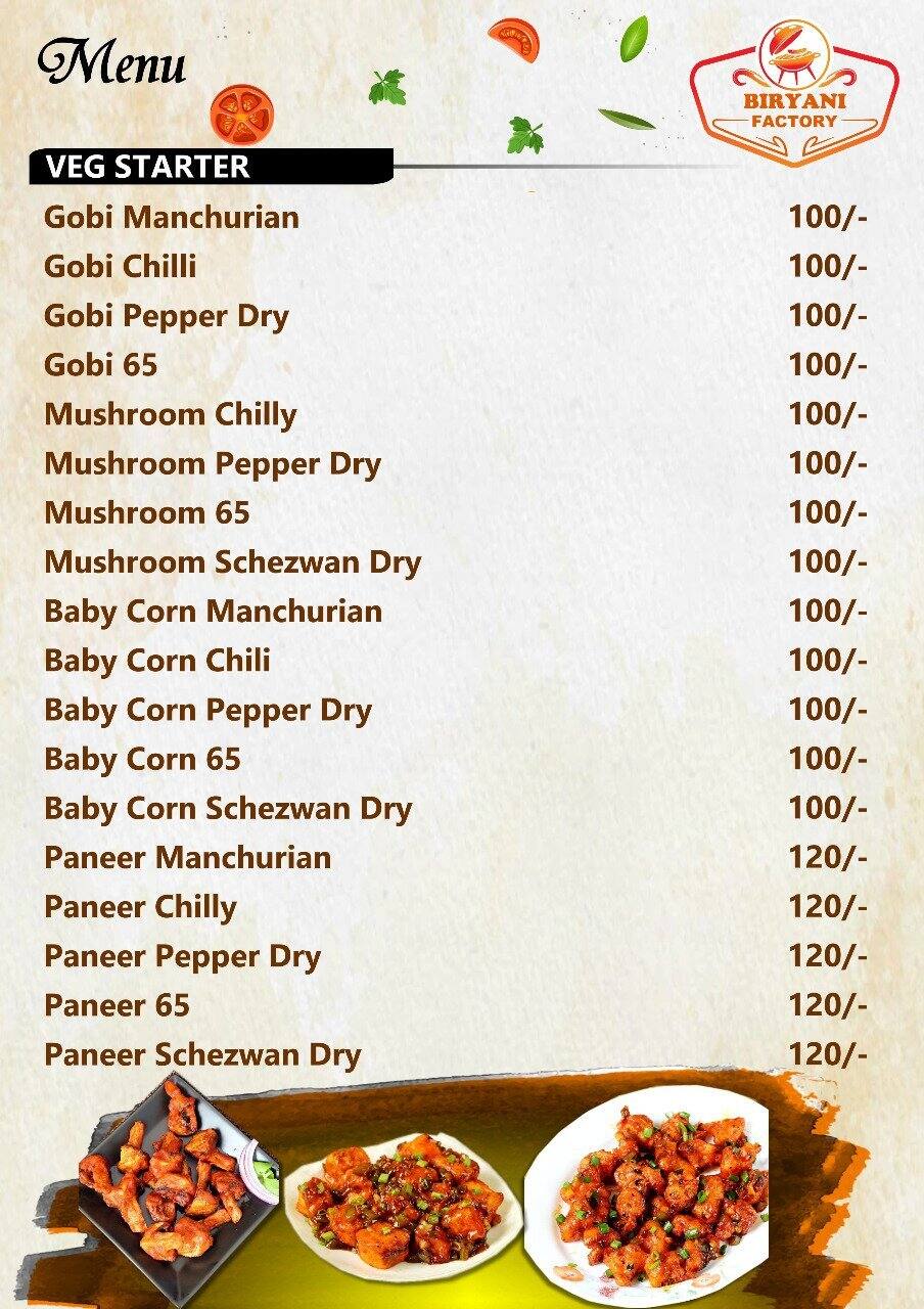 Menu at Biryani factory, Bengaluru, 3H5W+5G4