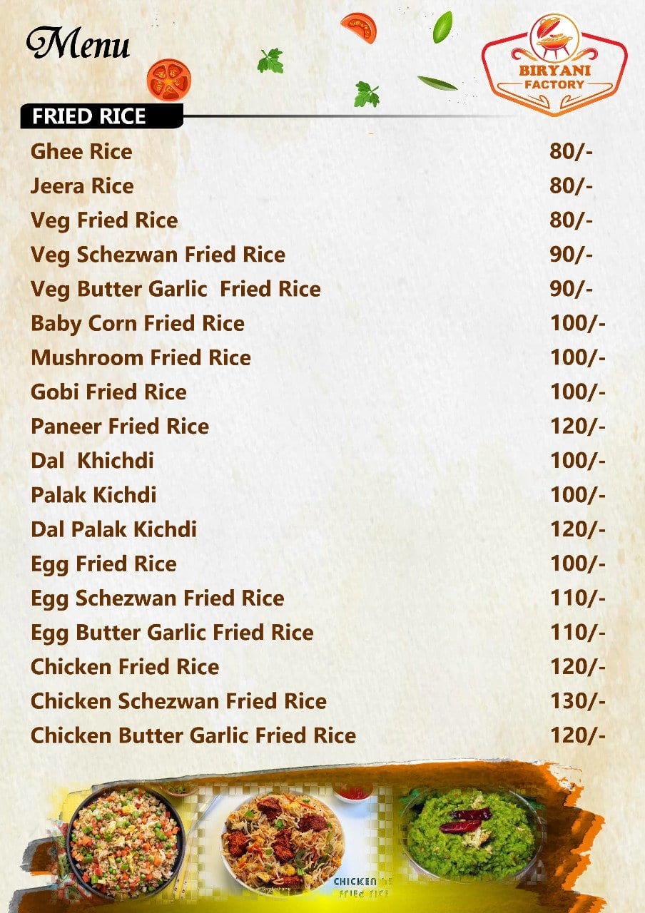 Menu at Biryani factory, Bengaluru, 3H5W+5G4