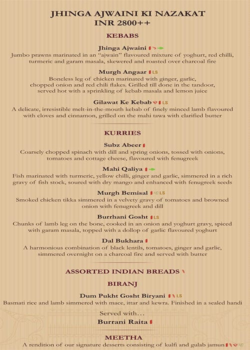 Kebabs & Kurries, ITC Gardenia - Restaurants In Bengaluru menu