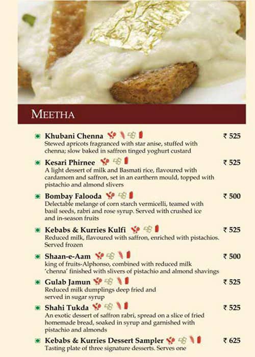 Kebabs & Kurries, ITC Gardenia - Restaurants In Bengaluru menu