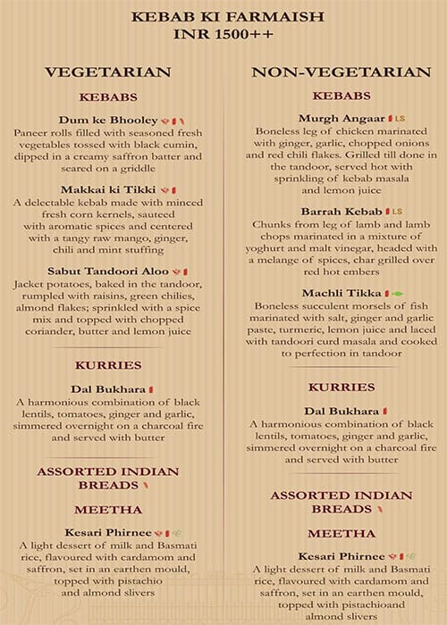 Kebabs & Kurries, ITC Gardenia - Restaurants In Bengaluru menu