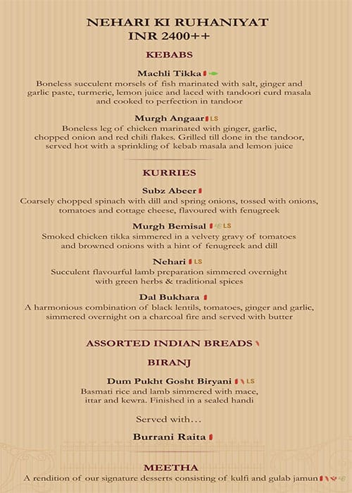 Kebabs & Kurries, ITC Gardenia - Restaurants In Bengaluru menu