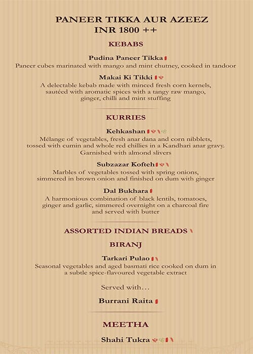 Kebabs & Kurries, ITC Gardenia - Restaurants In Bengaluru menu