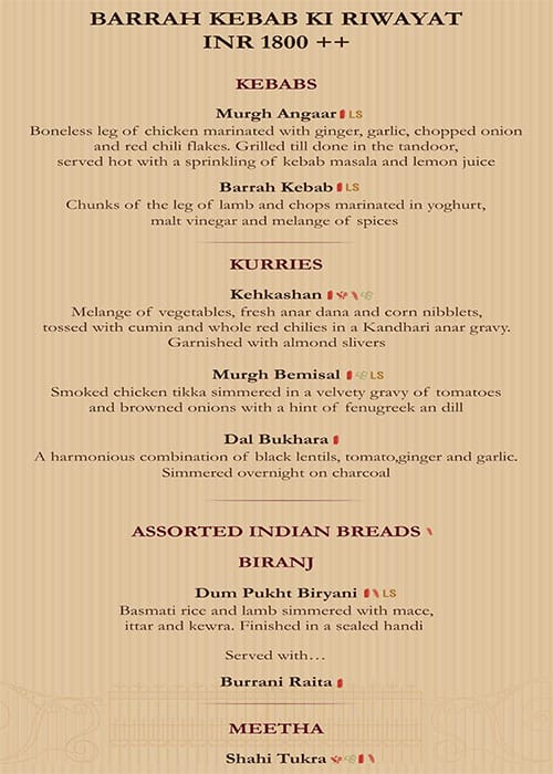 Kebabs & Kurries, ITC Gardenia - Restaurants In Bengaluru menu