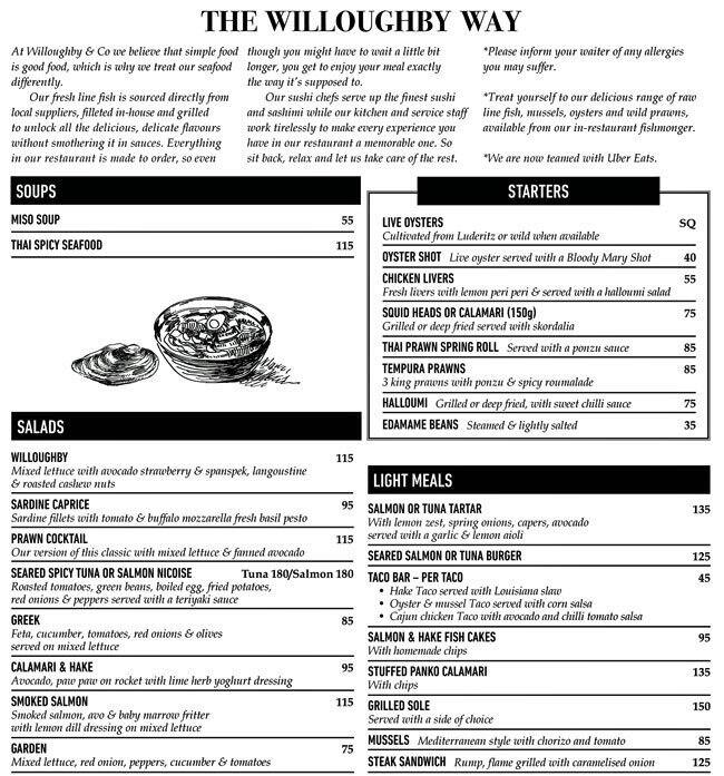 Willoughby & Co. menu, Menu restauracji Willoughby & Co., Hyde Park