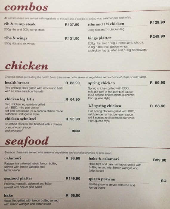 Carta de FoodChain Restaurants, Pretoria, Kolonnade Shopping Centre